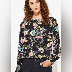 LOFT Floral Boatneck Puff Sleeve Long‎ Sleeve Blouse Top S